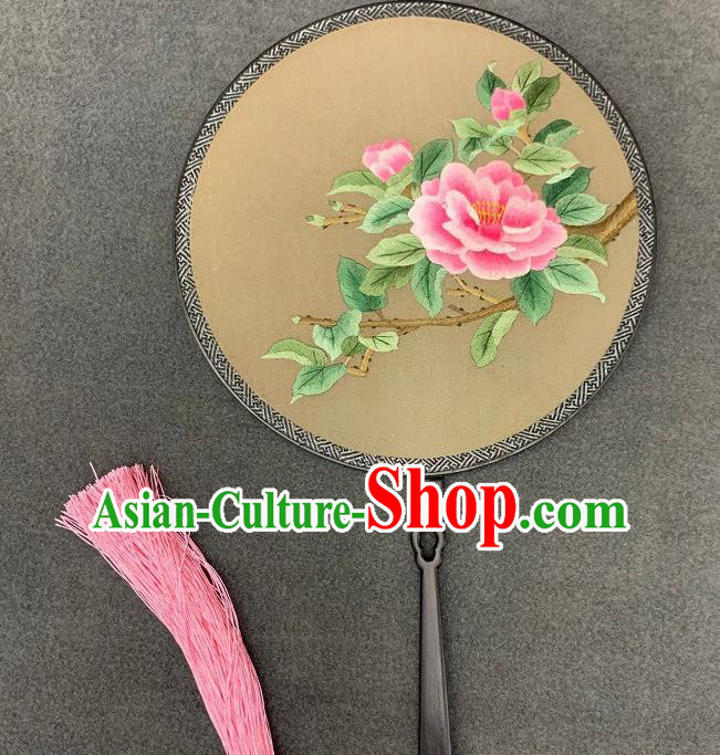 China Handmade Embroidery Peony Palace Fan Double Side Silk Circular Fan