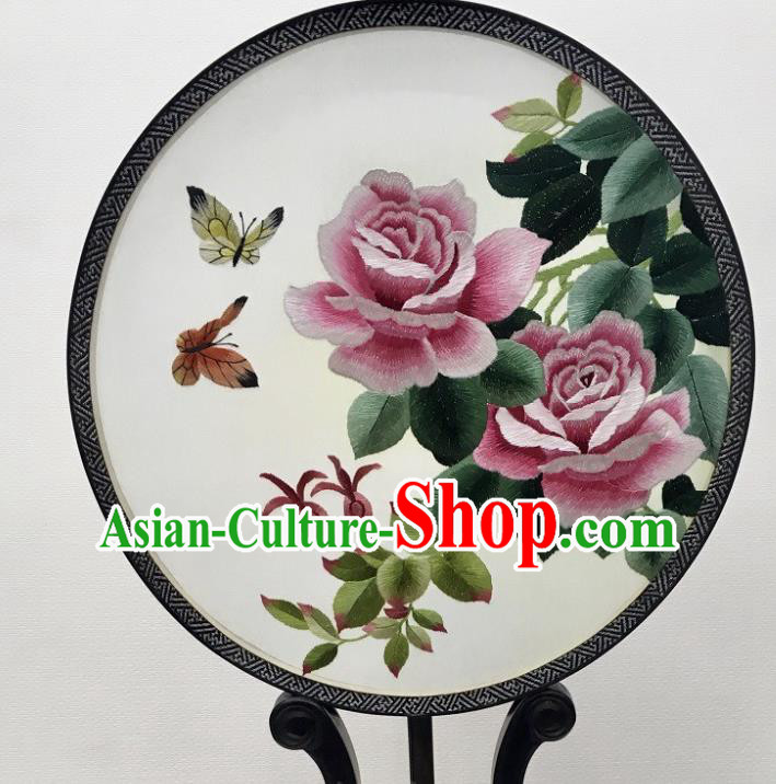 China Handmade Embroidery Peony Palace Fan Ebony Circular Fan Silk Fan