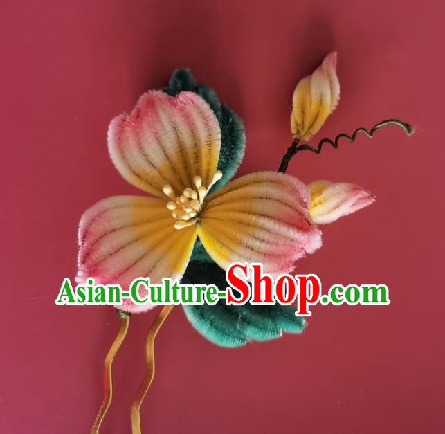 China Ancient Empress Hairpin Traditional Handmade Velvet Flowers Hair Stick