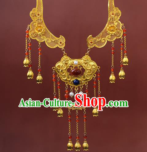 Chinese Traditional Wedding Golden Necklace Ancient Princess Agate Necklet Accessories