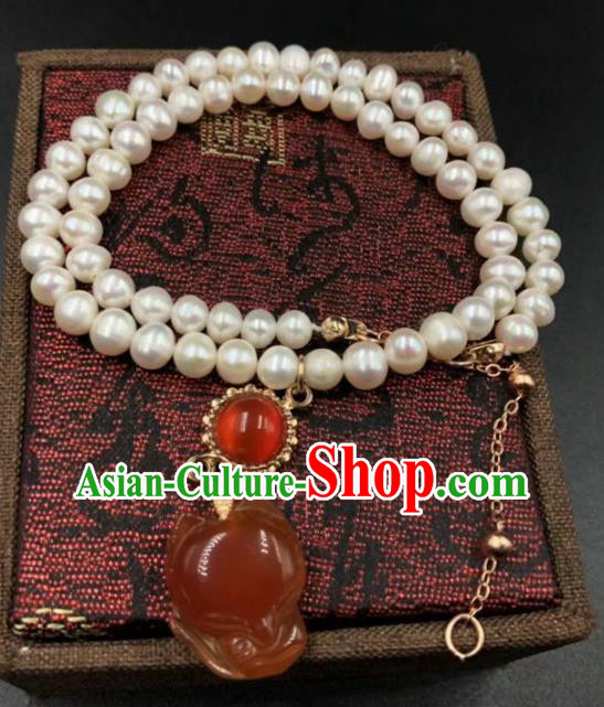 Chinese Traditional Agate Fox Necklace Classical Cheongsam Pearls Accessories