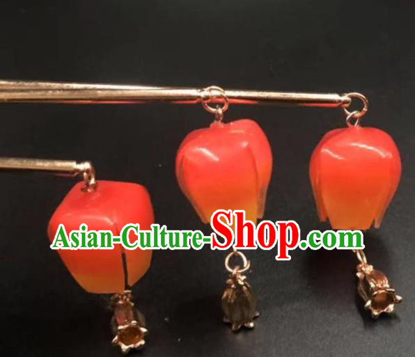 China Ancient Princess Red Lantern Hairpin Traditional Hanfu Hair Stick