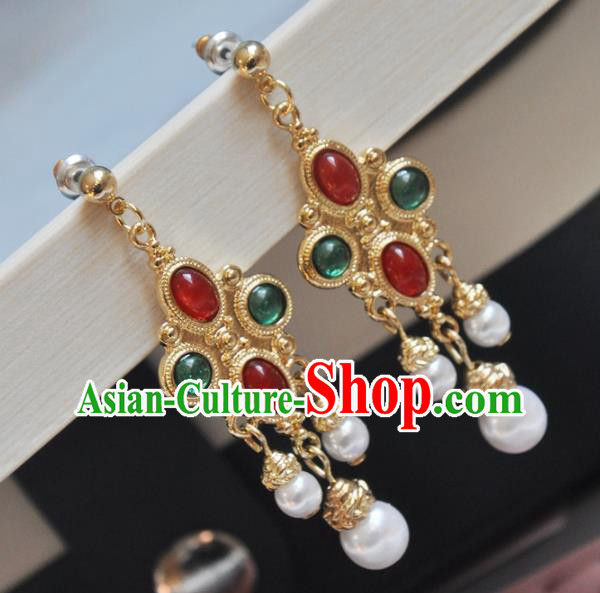 Chinese Classical Cheongsam Gems Ear Accessories Traditional Court Golden Earrings