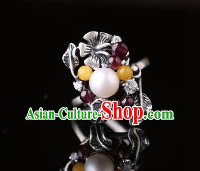 Handmade Chinese Pearl Ring Jewelry Traditional National Garnet Silver Circlet