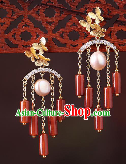 Chinese Classical Agate Tassel Ear Accessories Traditional Cheongsam Pearl Earrings