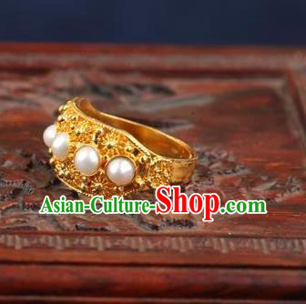 China Ancient Qing Dynasty Golden Circlet Traditional Court Pearls Ring