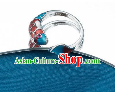 China Ancient Princess Cloisonne Fish Circlet Traditional Court Silver Ring