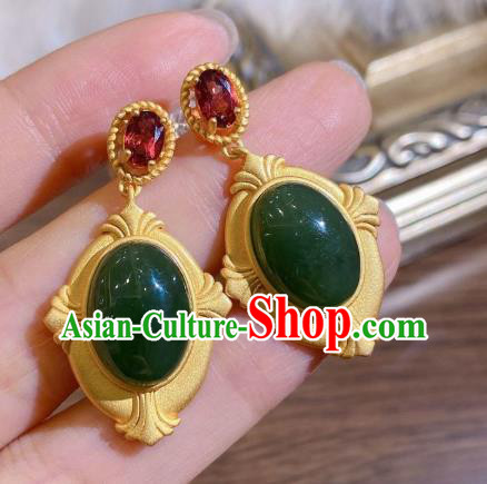 China Traditional Cheongsam Green Jade Ear Accessories National Garnet Earrings