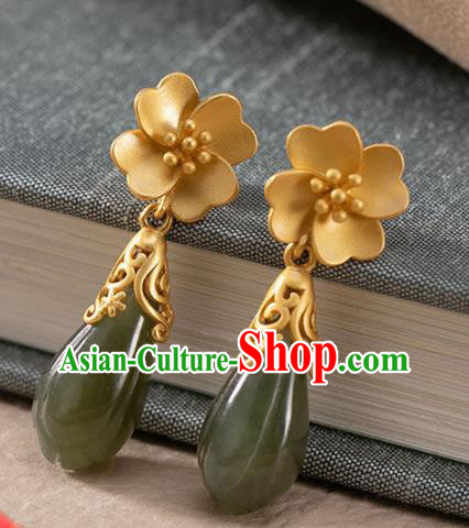 China National Jade Mangnolia Earrings Traditional Cheongsam Golden Ear Accessories