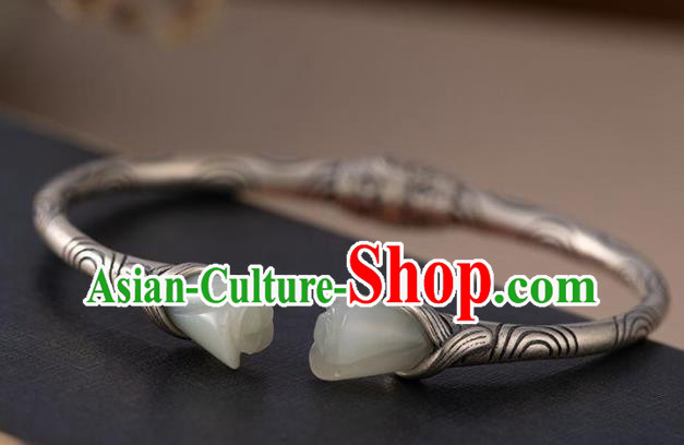 China Handmade Jade Mangnolia Bracelet Accessories Traditional Silver Bangle Jewelry