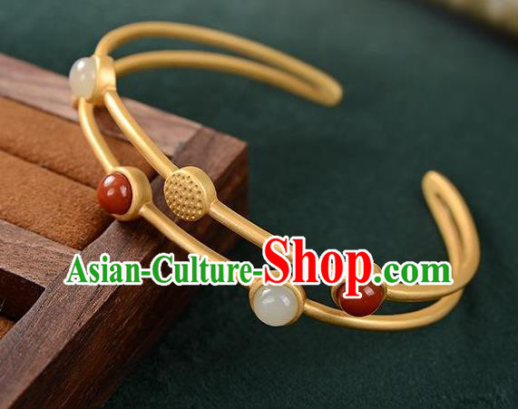 China Handmade White Chalcedony Bracelet Accessories Traditional Golden Bangle Jewelry