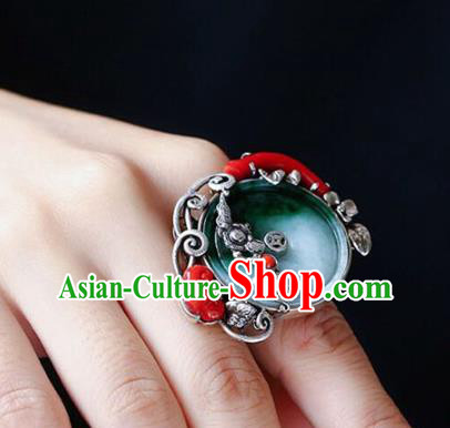 Chinese Traditional Handmade Jadeite Accessories Silver Ring National Circlet Jewelry