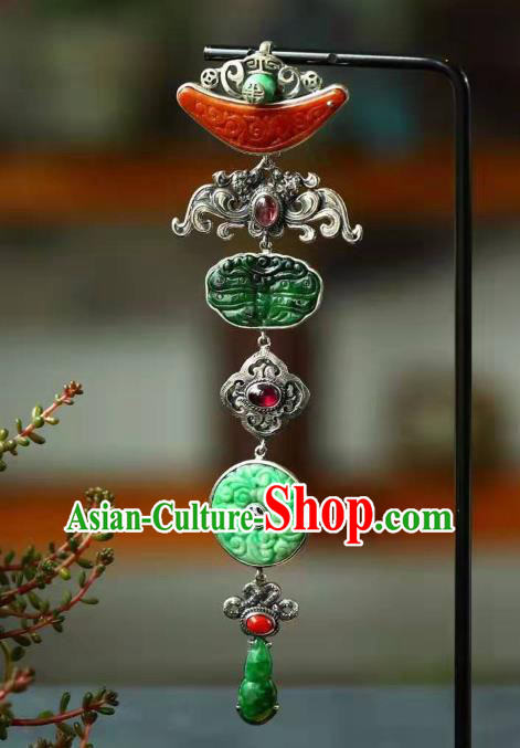 Chinese Handmade Silver Brooch Accessories Traditional National Jade Pendant