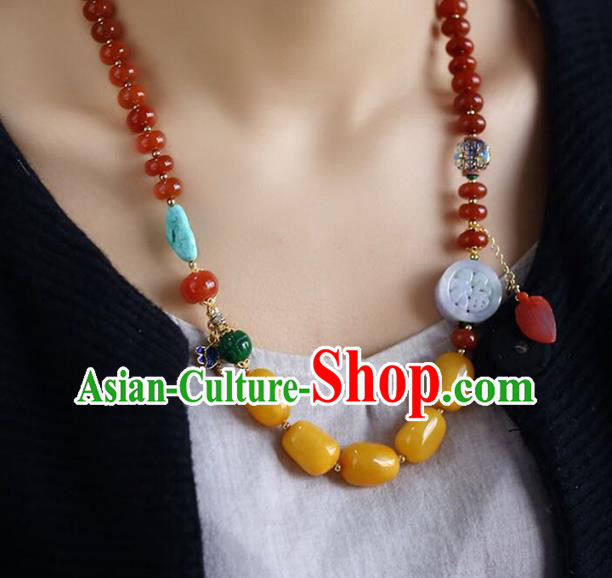 Chinese Handmade Agate Beads Necklet National Classical Necklace Beeswax Accessories