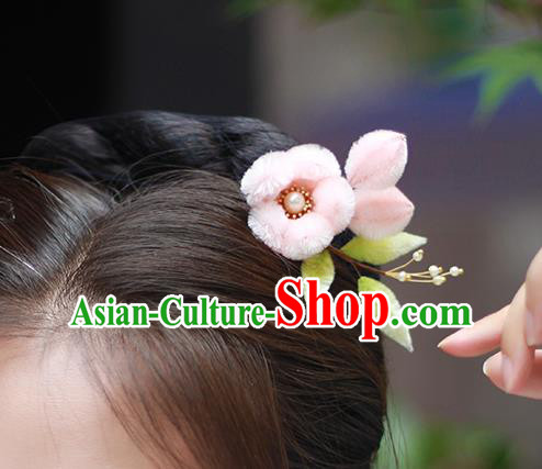 Chinese Traditional Pink Velvet Plum Blossom Hair Stick Hanfu Pearl Hairpin