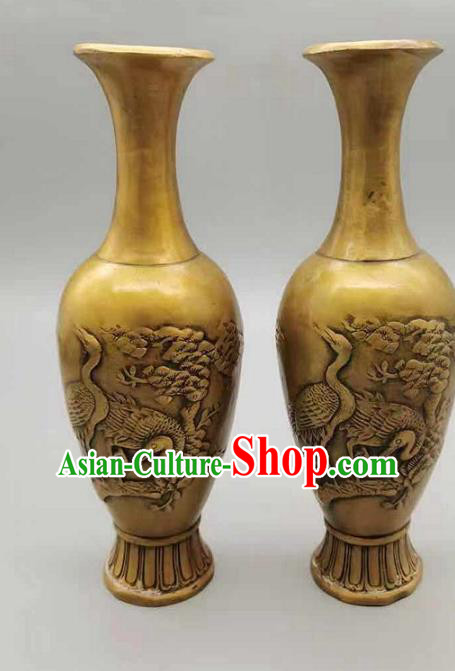 Handmade Chinese Brass Vase Accessories Carving Crane Flower Jardiniere Ornaments