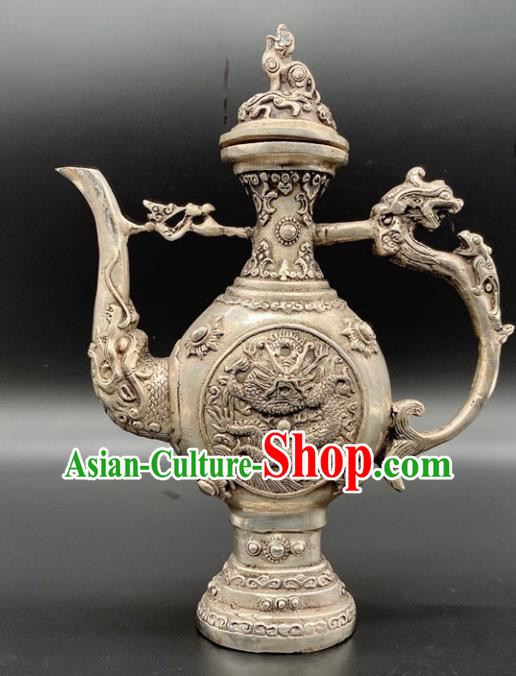 Handmade Chinese Carving Dragon Flagon Ornaments Traditional Brass Craft Wine Pot