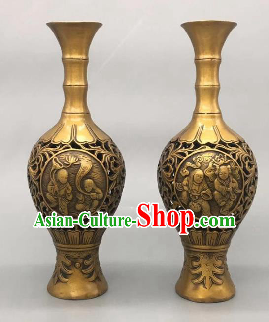 Handmade Chinese Carving Kids Flower Jardiniere Ornaments Brass Vase Accessories