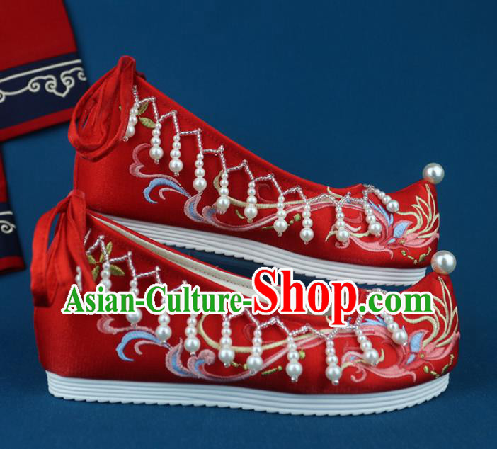 China Traditional Wedding Shoes Pearls Red Cloth Shoes Embroidered Phoenix Shoes