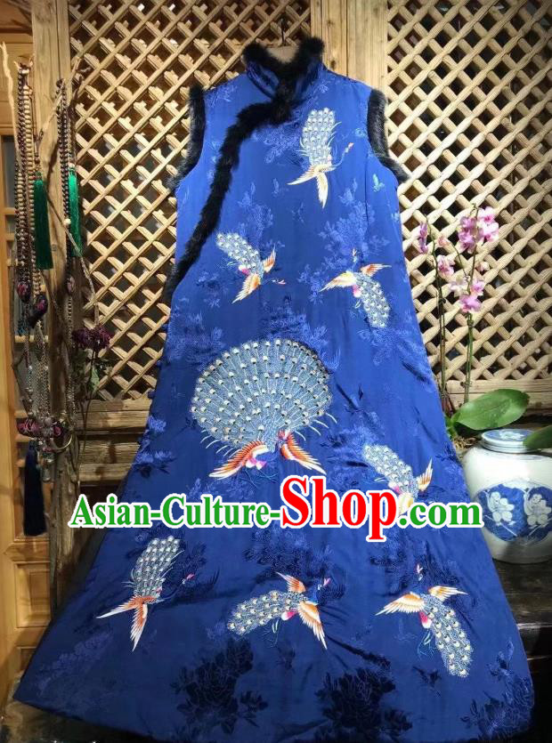 Chinese National Royalblue Silk Qipao Dress Traditional Embroidered Peacock Cheongsam Clothing