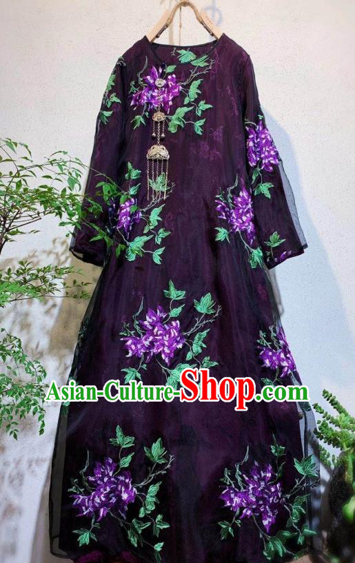 Chinese National Clothing Deep Purple Silk Qipao Dress Traditional Embroidered Cheongsam