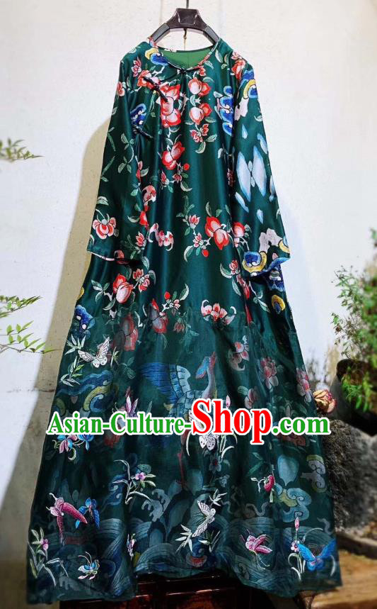 Chinese National Atrovirens Silk Qipao Dress Traditional Embroidered Butterfly Cheongsam Clothing