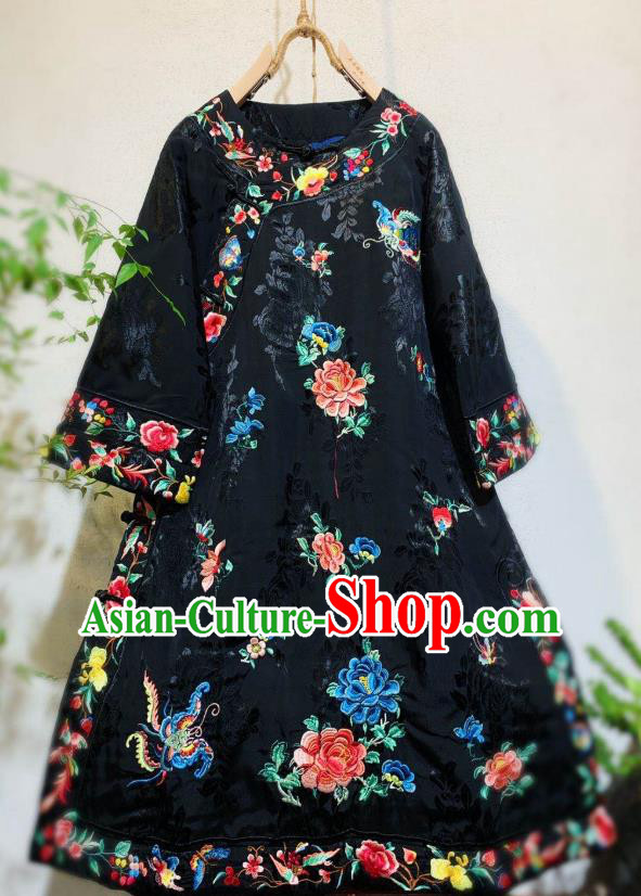 Chinese National Qipao Dress Traditional Embroidered Peony Black Silk Cheongsam Clothing