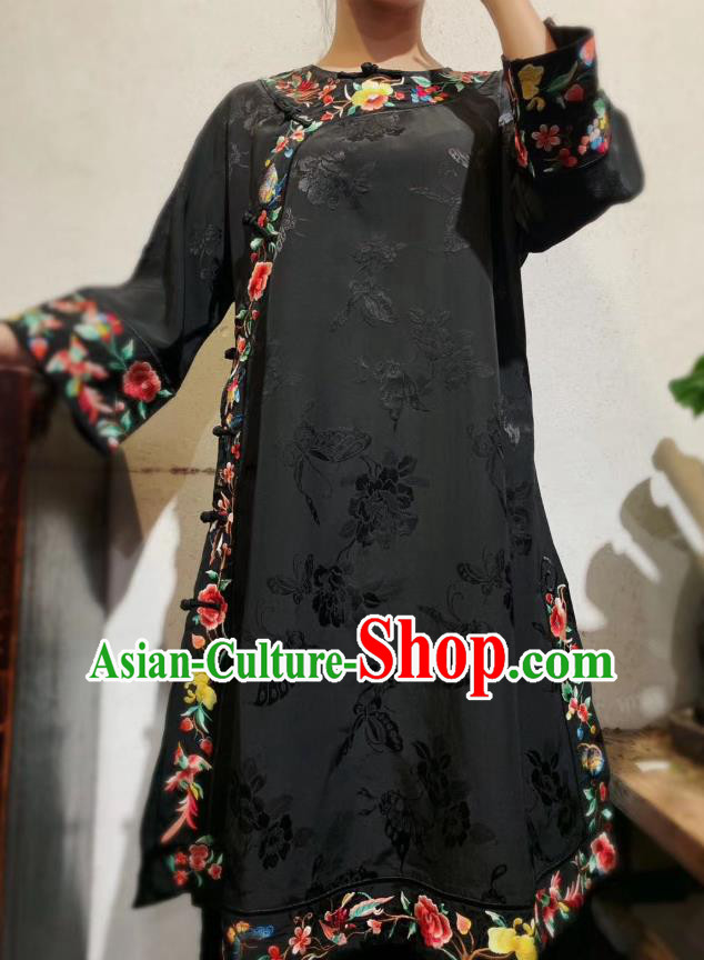 Chinese Traditional Black Silk Cheongsam National Embroidered Mandarin Qipao Dress Clothing