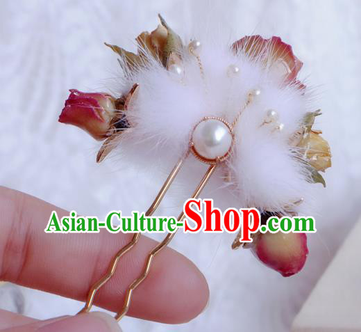 Chinese Handmade Flowers Hairpin Traditional Ming Dynasty Princess Fur Hair Stick