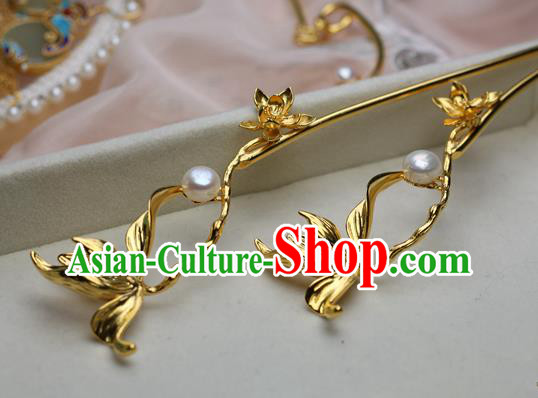 Chinese Handmade Pearls Hairpin Traditional Ming Dynasty Golden Orchid Hair Stick