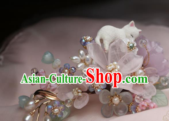 Chinese Handmade Rose Quartz Hairpin Traditional Ancient Princess Sakura Hair Stick