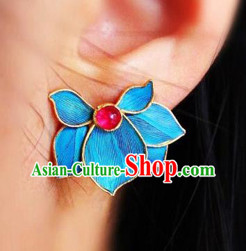 China Classical Garnet Ear Jewelry Traditional Cheongsam Blue Orchids Earrings