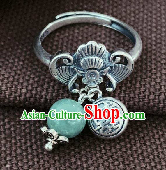 Chinese National Silver Carving Bat Circlet Jewelry Handmade Ethnic Jadeite Ring