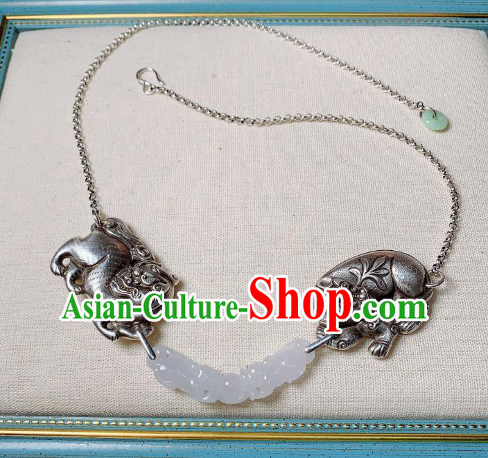 Handmade Chinese Silver Necklet Accessories National White Jade Necklace