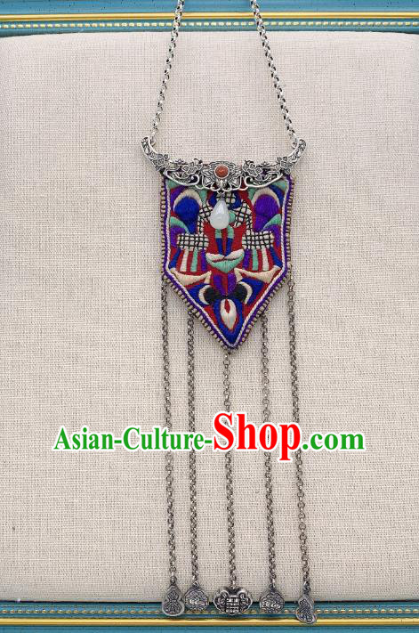 Handmade Chinese Embroidered Necklace Accessories National Silver Tassel Necklet Pendant