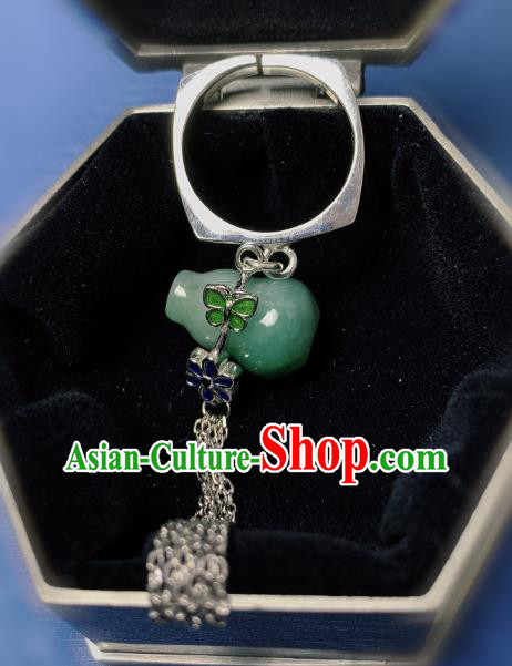 Chinese Handmade Jadeite Gourd Ring National Silver Tassel Circlet Jewelry