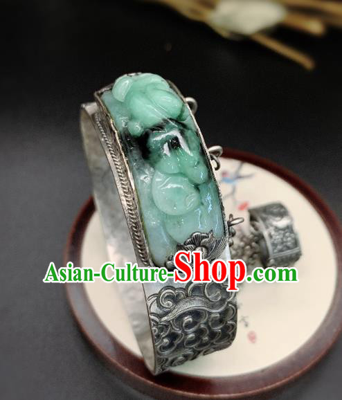 Handmade Chinese Silver Carving Bangle Accessories National Jadeite Bracelet