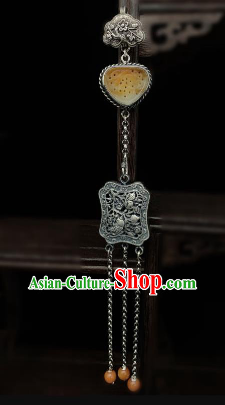 Handmade Chinese Jade Tassel Accessories National Silver Carving Brooch Pendant