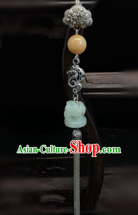 Handmade Chinese Silver Dragon Brooch Accessories National Jade Tassel Pendant