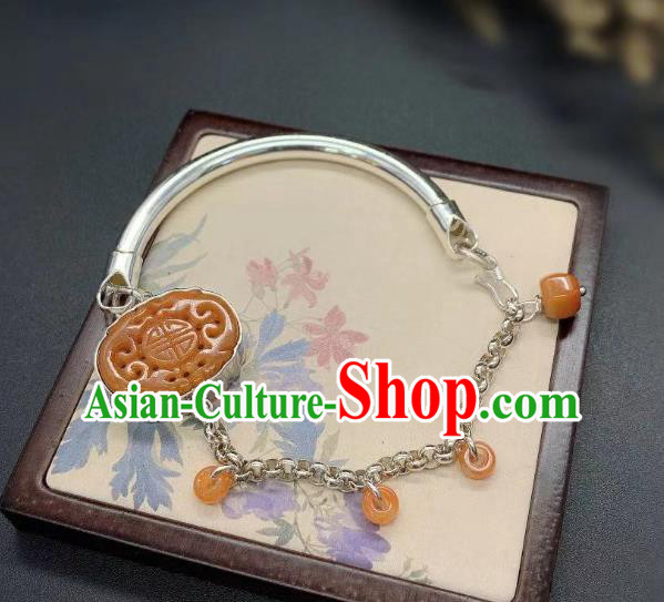 Handmade Chinese Wedding Silver Wristlet Accessories National Agate Carving Bracelet