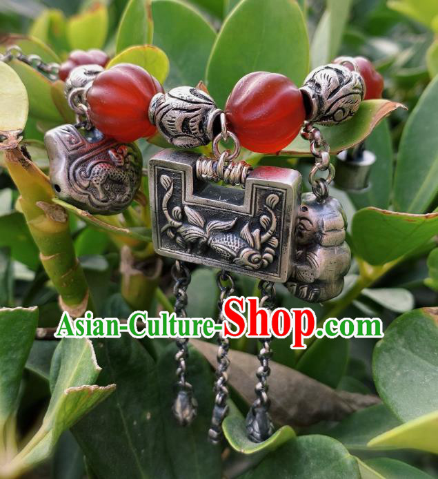 Handmade Chinese Silver Carving Bracelet National Agate Wristlet Wedding Accessories