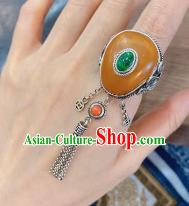 Chinese National Jewelry Beeswax Circlet Handmade Silver Tassel Finger Ring