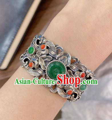 Handmade Chinese National Silver Carving Bangle Traditional Jadeite Accessories Bracelet