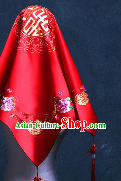 Chinese Wedding Red Satin Kerchief Traditional Embroidered Bridal Veil Classical Headdress