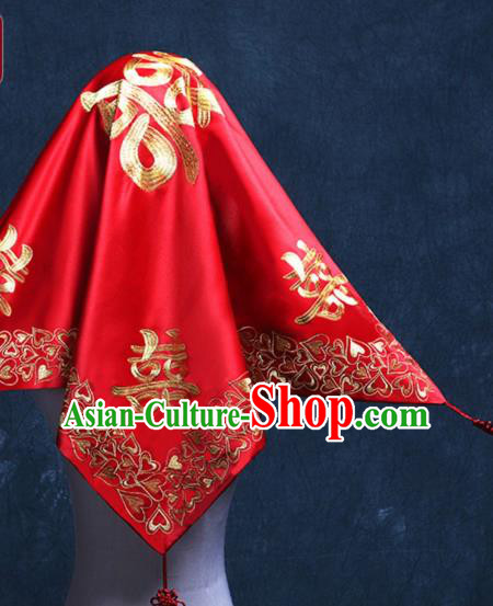 Chinese Classical Headdress Wedding Red Satin Kerchief Traditional Embroidered Bridal Veil