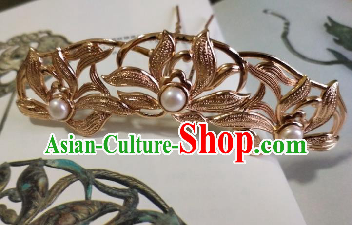 China Ancient Queen Hairpin Traditional Ming Dynasty Golden Orchids Hair Crown