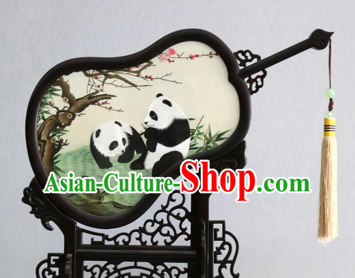 Chinese Traditional Embroidered Panda Craft Handmade Rosewood Carving Gourd Desk Screen