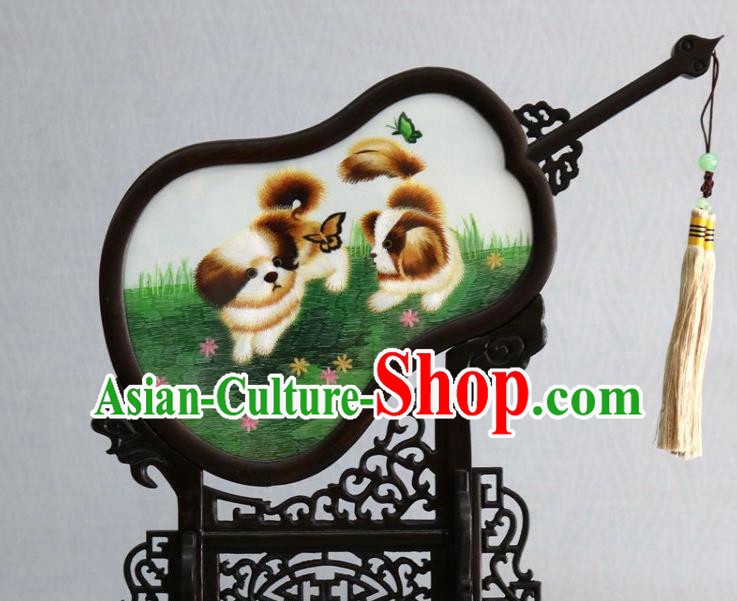 Chinese Handmade Rosewood Gourd Desk Decoration Traditional Suzhou Embroidered Dog Table Screen