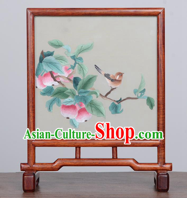 Chinese Handmade Rosewood Table Ornament Traditional Suzhou Embroidery Desk Screen