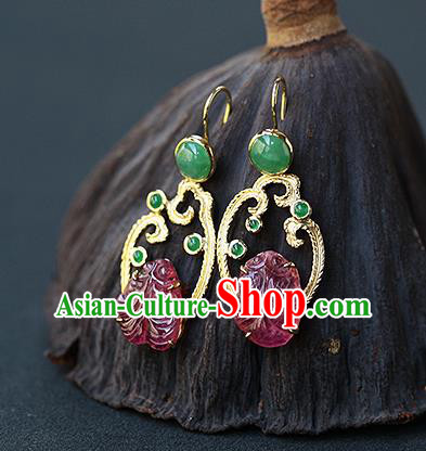 Chinese Handmade Jadeite Ear Accessories Traditional Cheongsam Tourmaline Goldfish Earrings